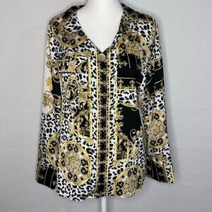 Hazel Baroque Leopard Print Blouse Women’s Large Gold Black Satin Button Top